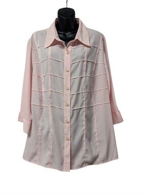 Cathy Che Pink Grid Button Down Blouse 18/20W Plus Sz 3/4 Sleeve Collared Shirt